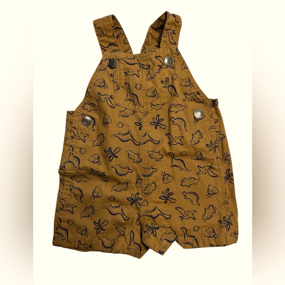 Carter’s Boys Infant baby Size 3 months Brown Bib Overalls Shorts Dinosaur Print